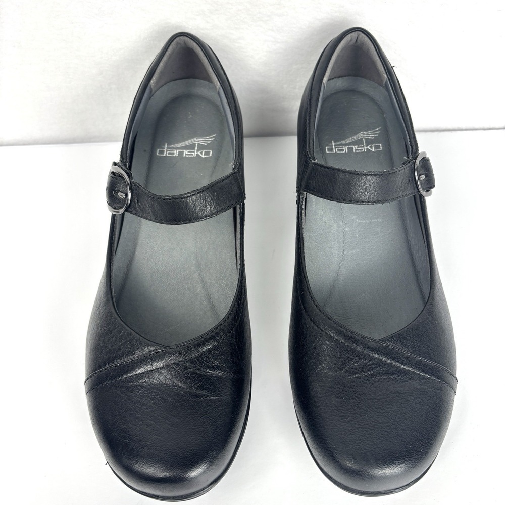 Dansko Fawna Mary Jane Shoes Womens 37 US 6.5-7 Black Leather Low Wedge Comfort - Picture 4 of 15